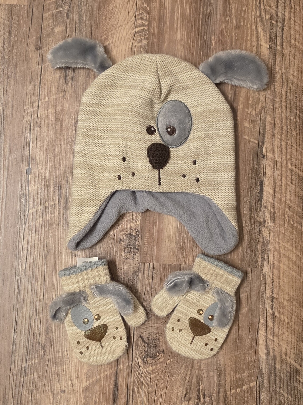 Rising Star Beige & Gray Puppy Ear Hat with Matching Mittens